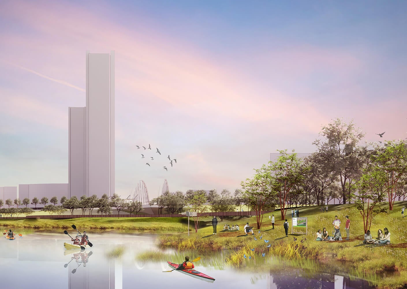 Urban waterfront scene with kayakers, green space, and modern buildings under a pastel sky.