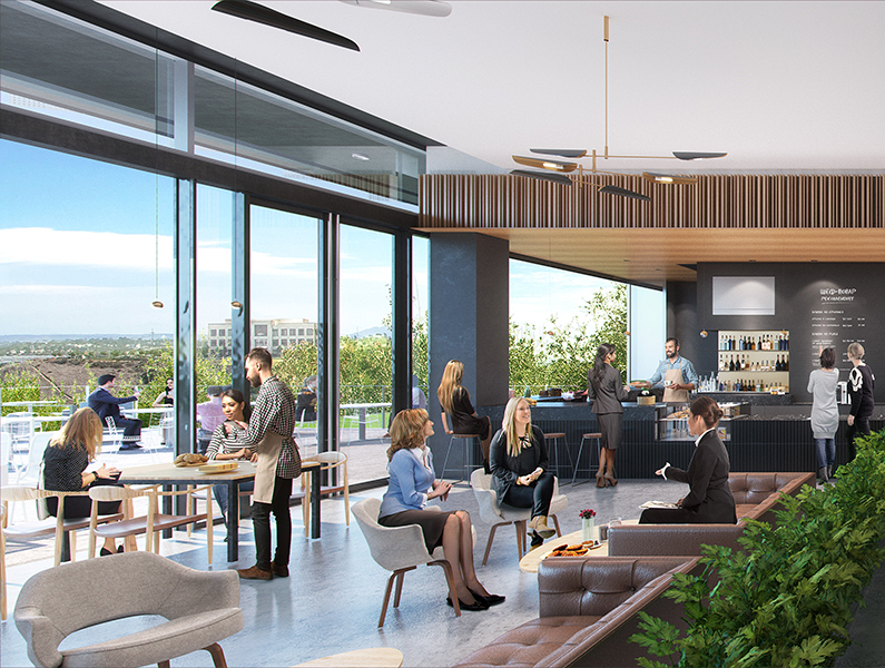APEX Cafe with lots of people conversing and large windows with views to the deck outside