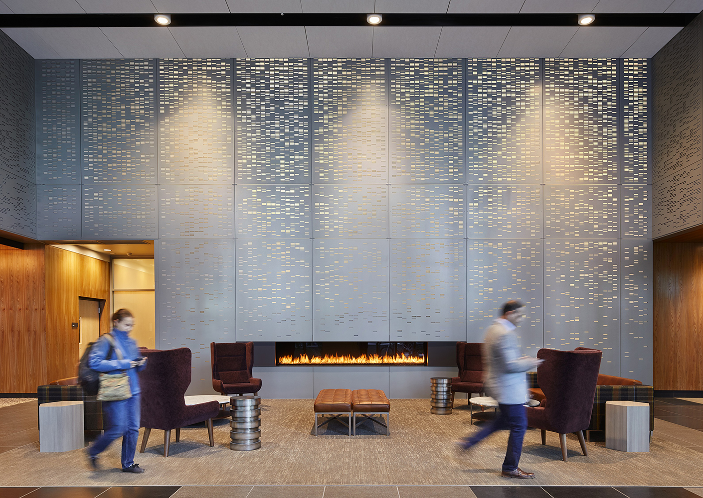Interior lobby with fire place and soft seating