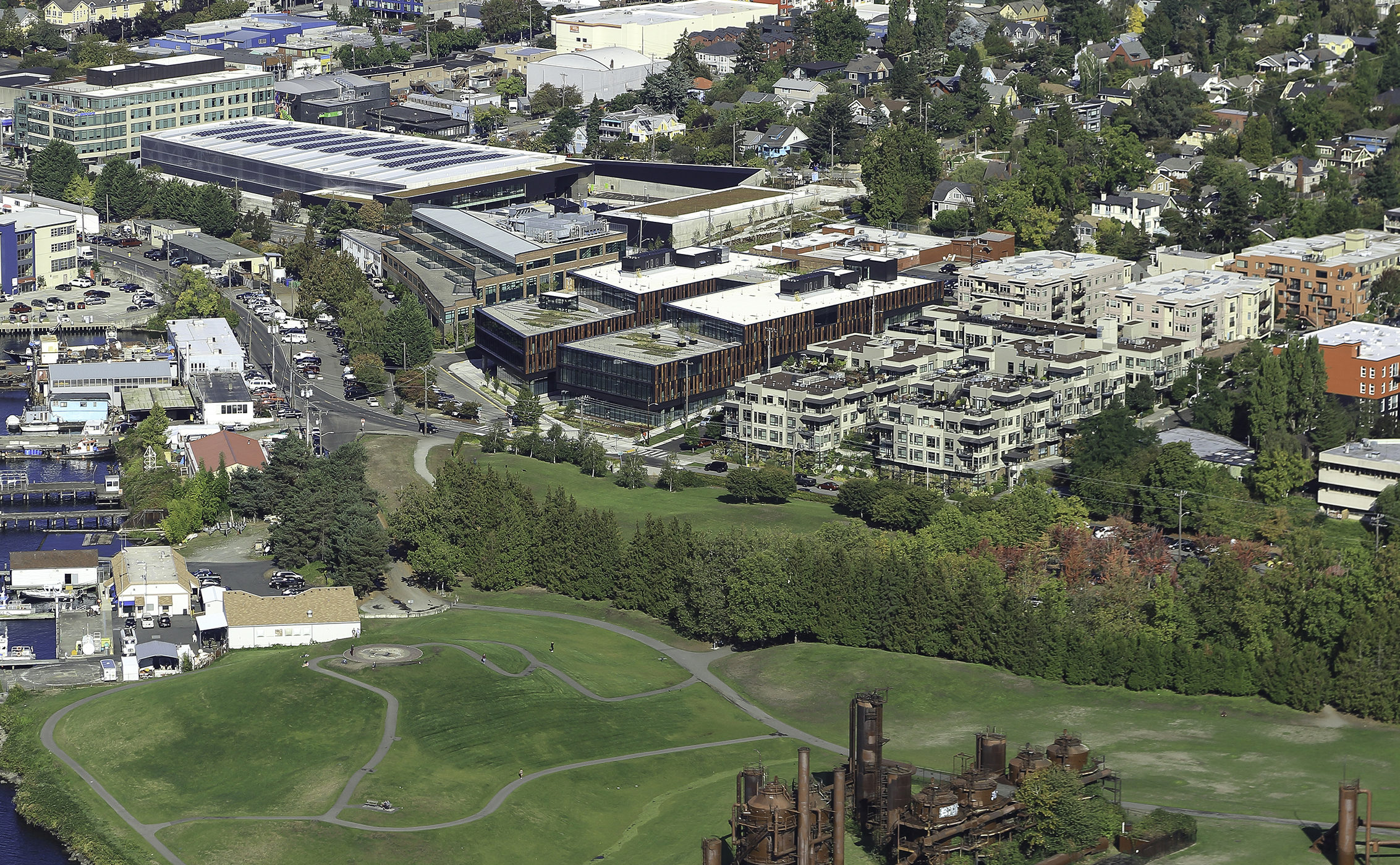 Aerial view of NorthEdge with the iconic industrial Gasworks Park across the street