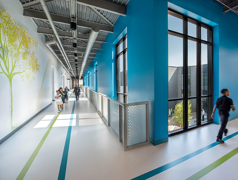 wall graphic & colorful floor pattern in corridor