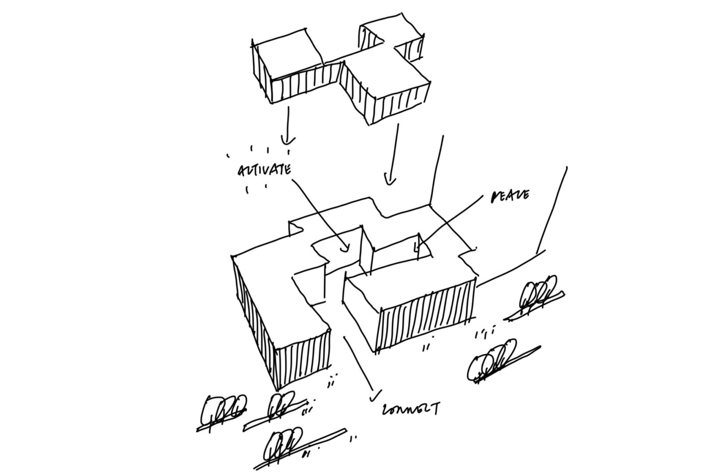 Architectural sketch depicting a dynamic layout of interconnected volumes, emphasizing form, space, and landscape integration.