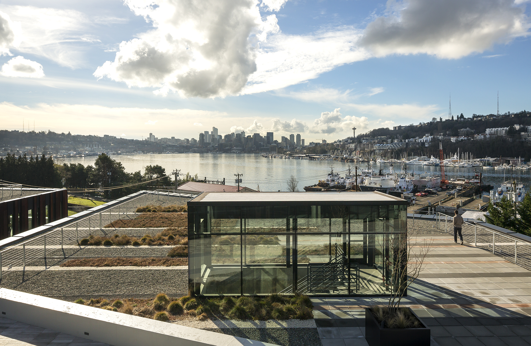 View of Lake Union and downtown Seattle from the rooftop of NorthEdge.