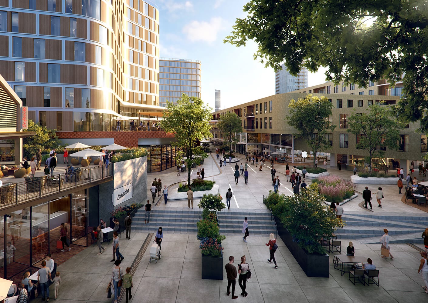 Mixed-use district plaza with people strolling and relaxing, surrounded by contemporary buildings and greenery under a clear sky.