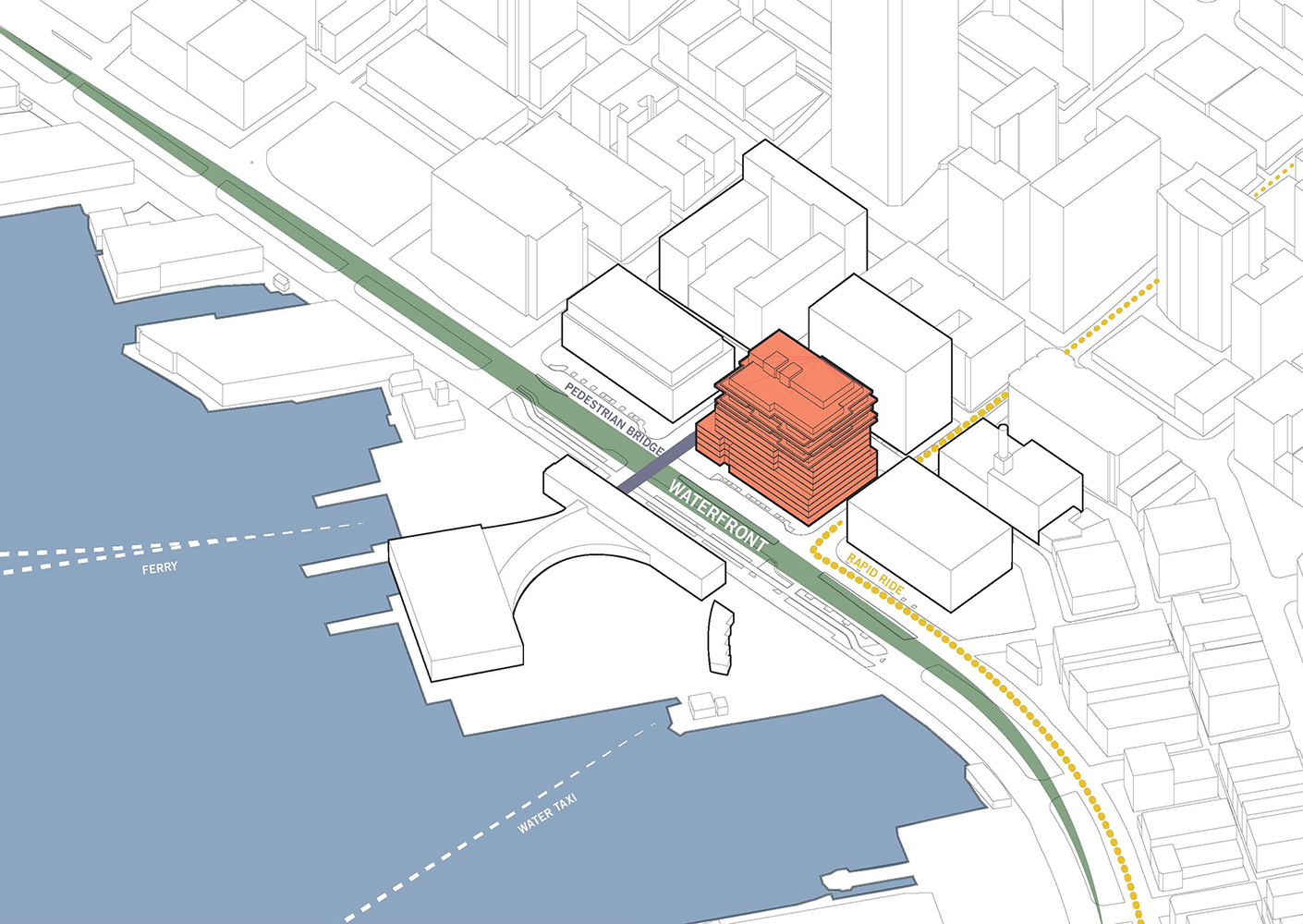 Diagram showing 800 Western's relationship to the waterfront, pedestrian bridge, and a nearby public transportation route.