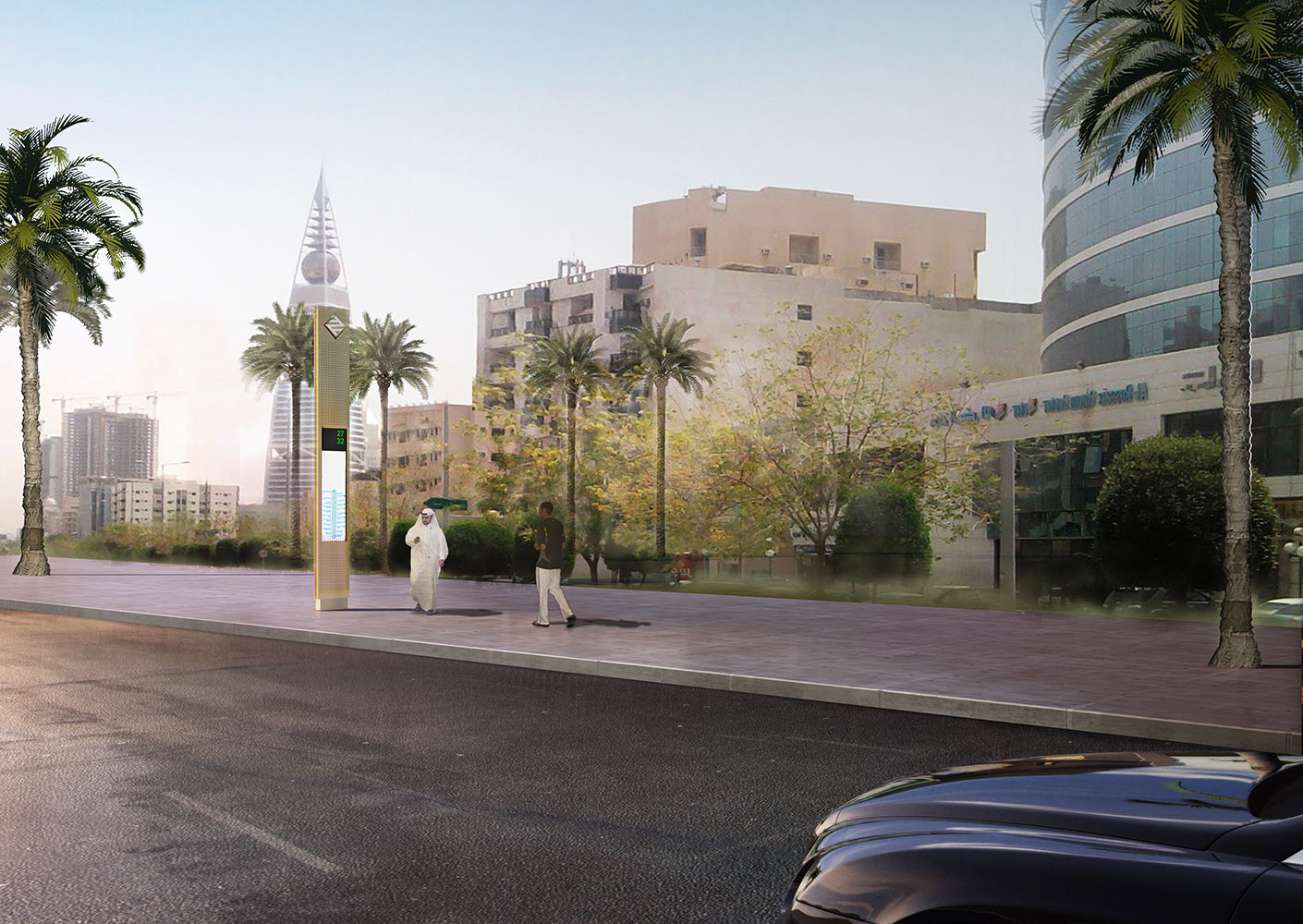 Series of renderings showing different bus stop types, from a single totem to a large stop featuring a conditioned seating area.