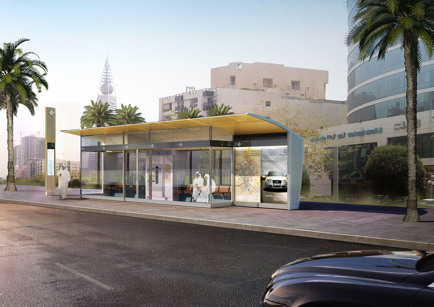 Series of renderings showing different bus stop types, from a single totem to a large stop featuring a conditioned seating area.