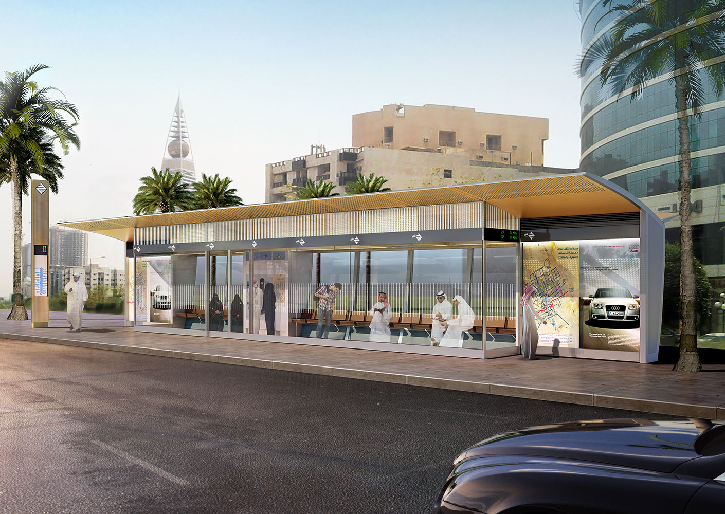 Series of renderings showing different bus stop types, from a single totem to a large stop featuring a conditioned seating area.