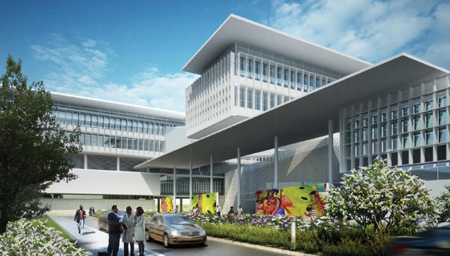The design of the Ridge Hospital weaves “streets” and courtyards throughout the 466,000 square-foot-complex.
