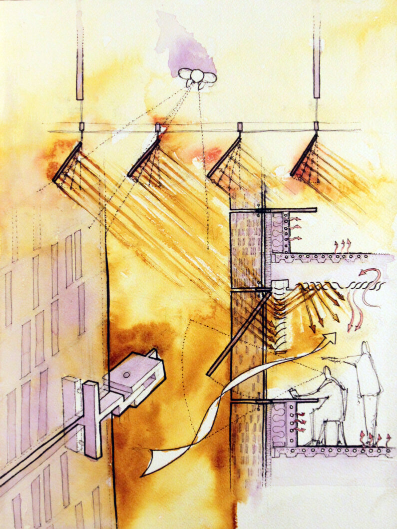 Water color sketch of solar fins on the life sciences building
