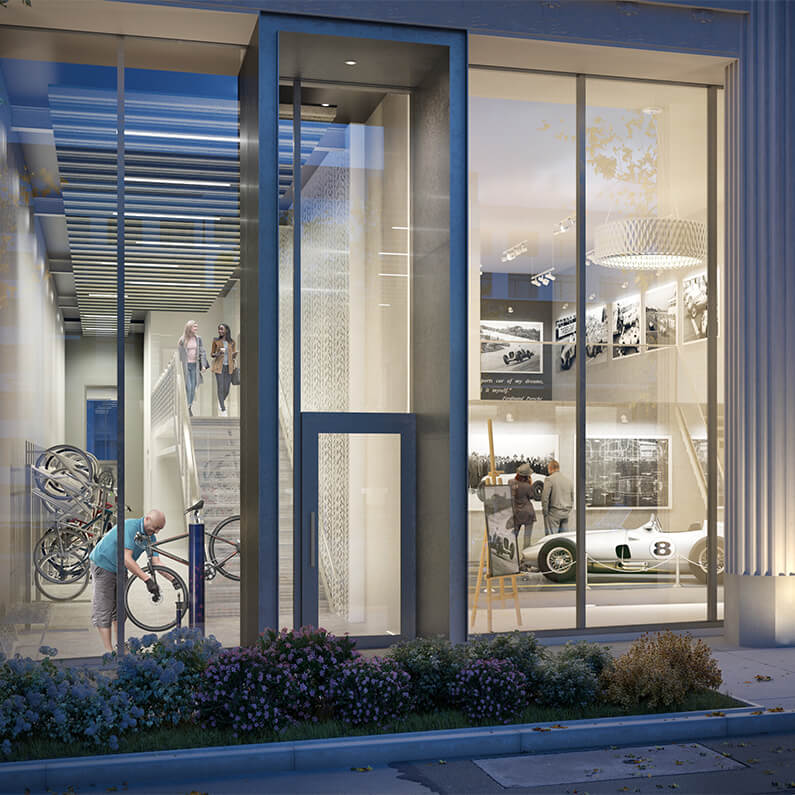 View of interior bike storage from side walk