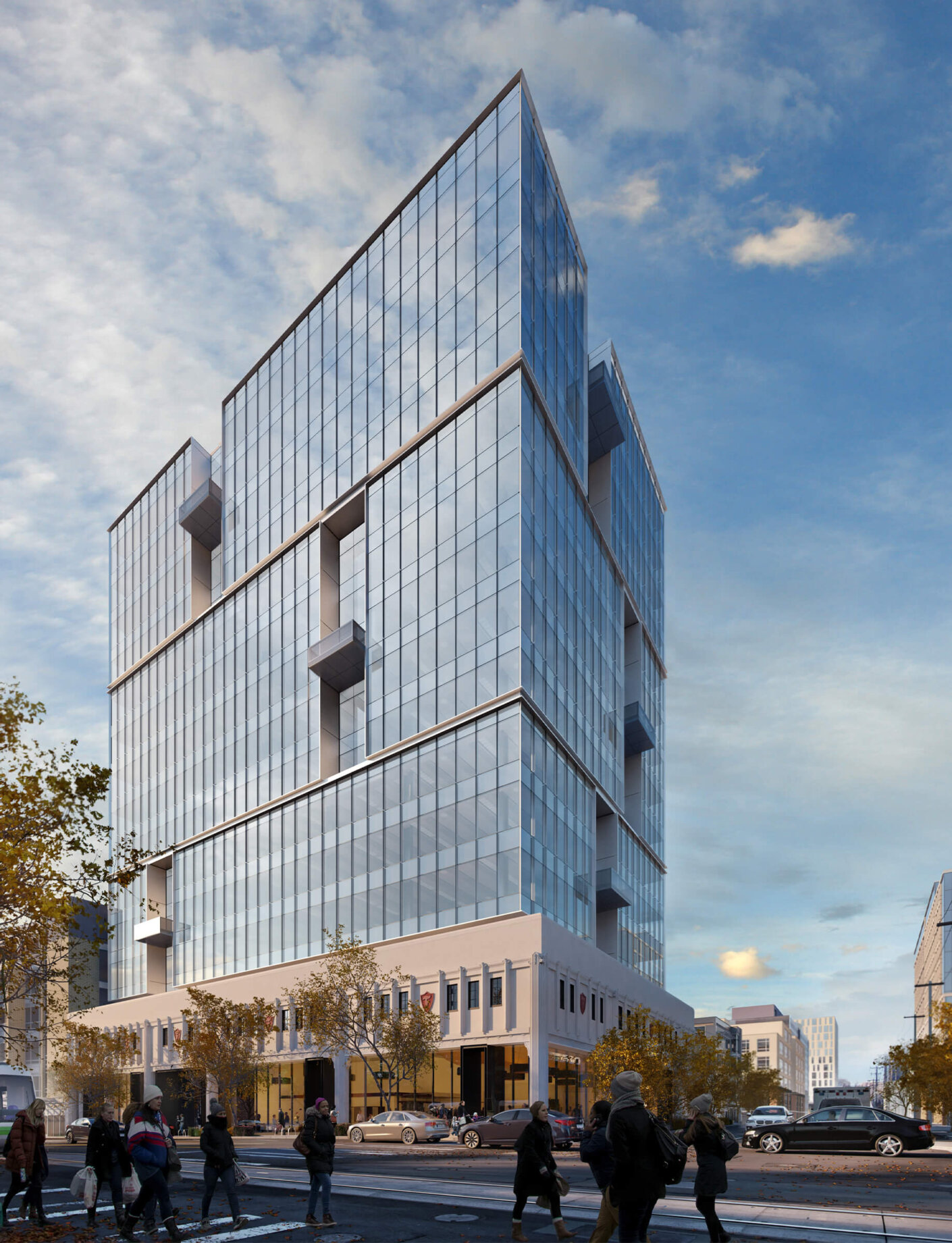 Rendered view of office building from opposite street corner