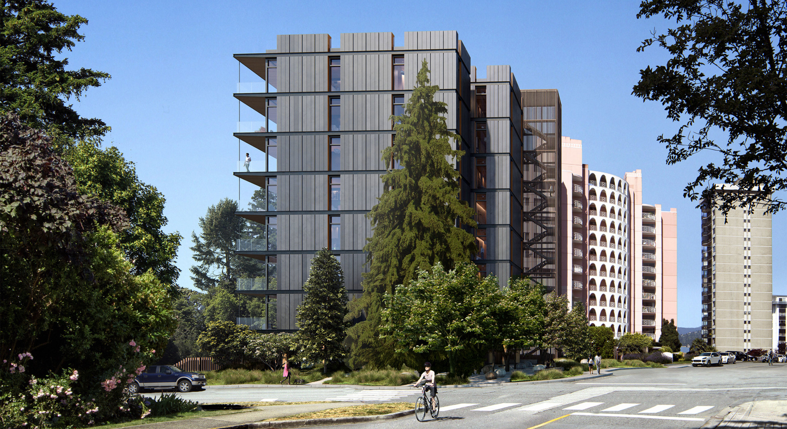 Rendering of the Bellevue project looking west showing the full building elevation with neighbouring buildings in the background.