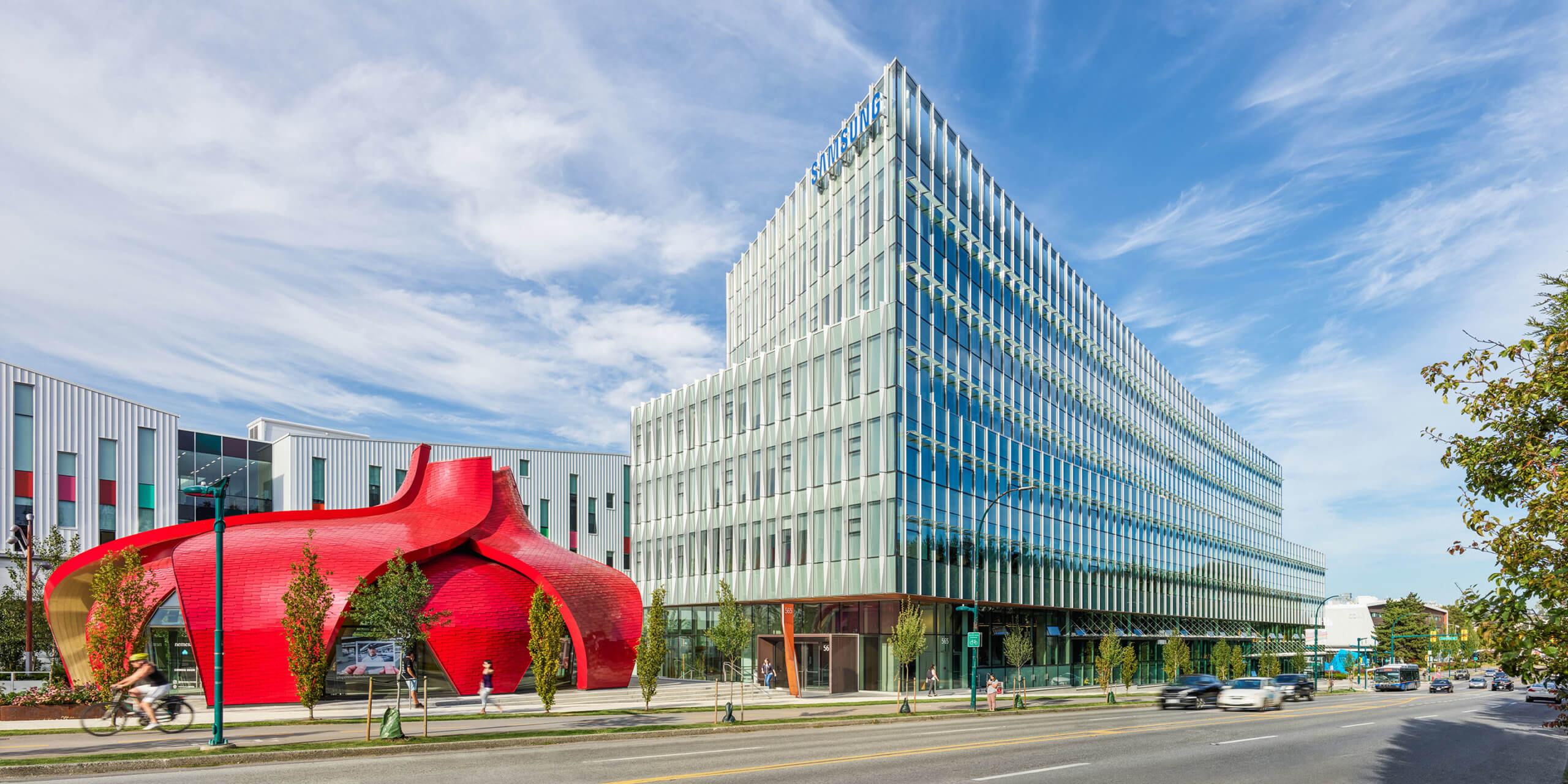 Photo from Great Northern Way showing office building and pavilion.