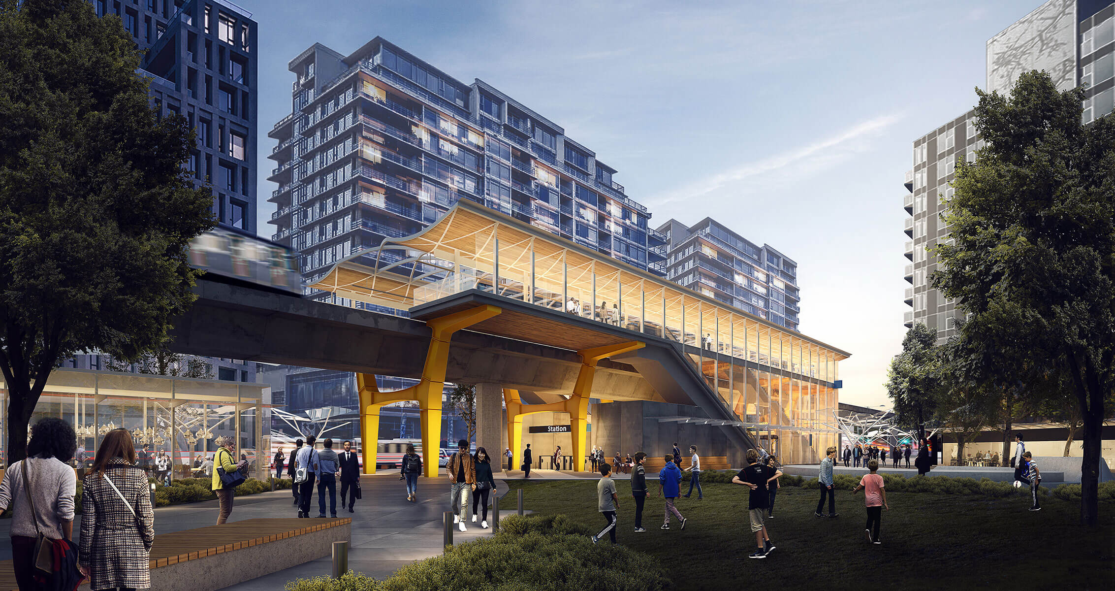 Rendering of public plaza showing prototype infill station