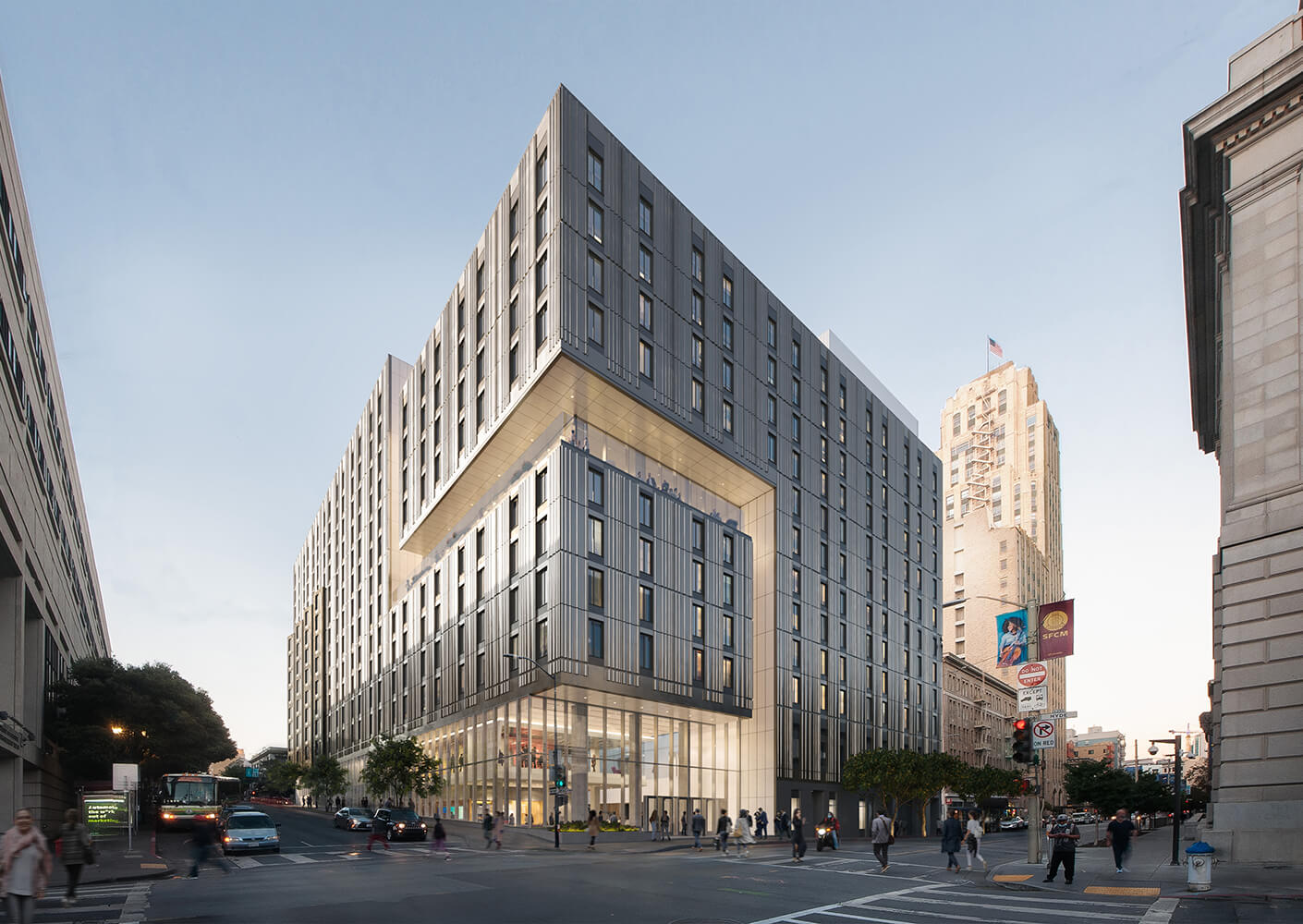 A rendered image of the design for 198 McAllister as it will be seen from the opposite street corner.