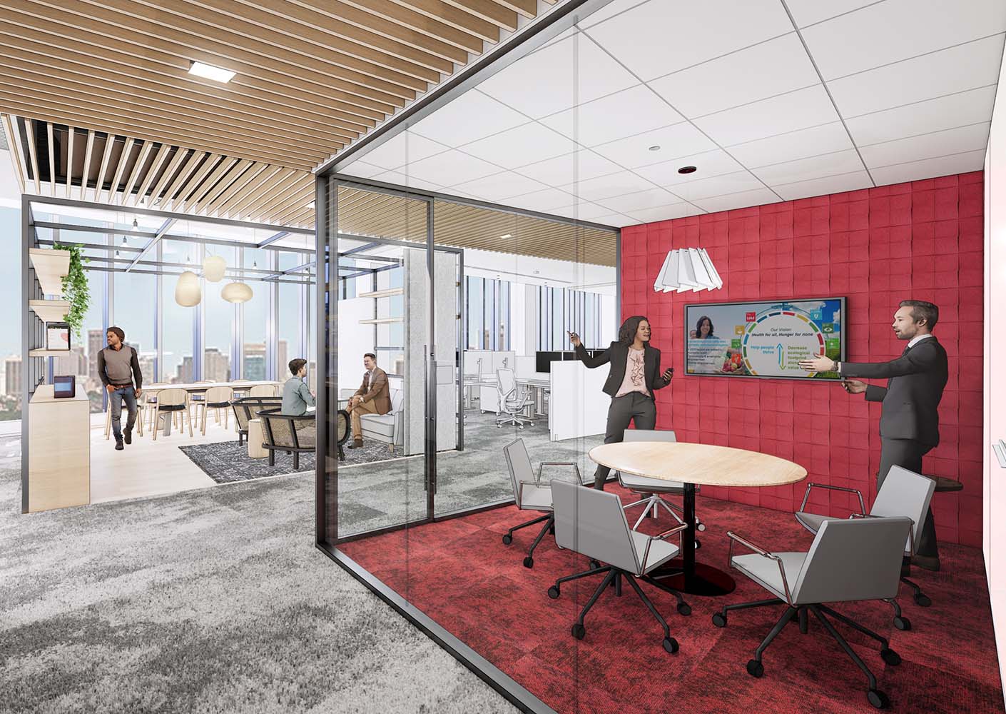 A rendering of the final space, including transparent collaboration areas.