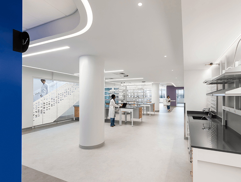 Lab with people working and view to window with stair