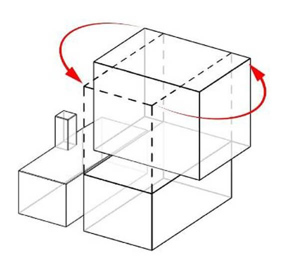 Diagram illustrating the rotation of geometric shapes, focusing on three-dimensional forms with dashed lines and arrows indicating movement.