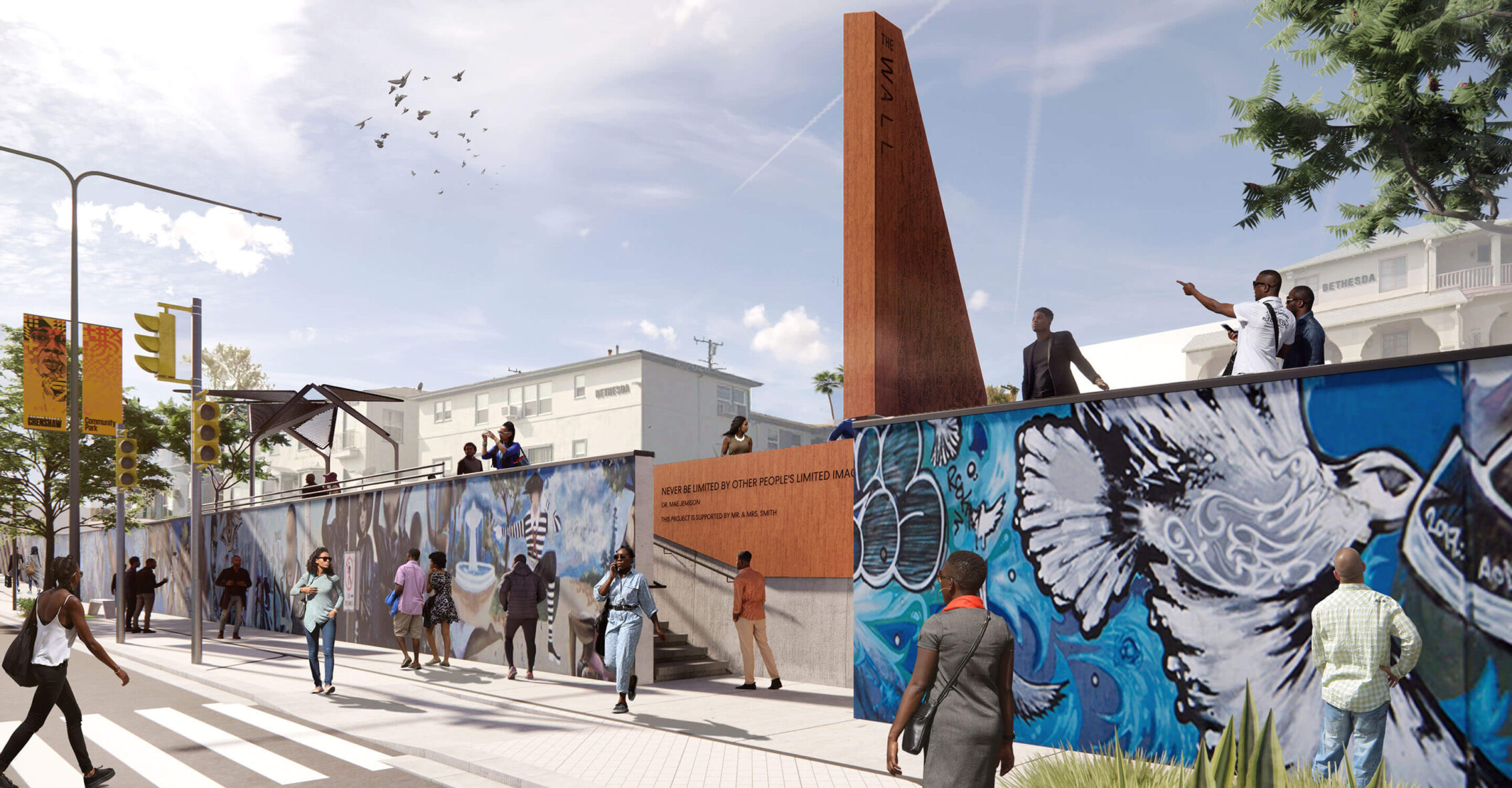 Architect's rendering of outdoor walkway that's part of Destination Crenshaw in Los Angeles