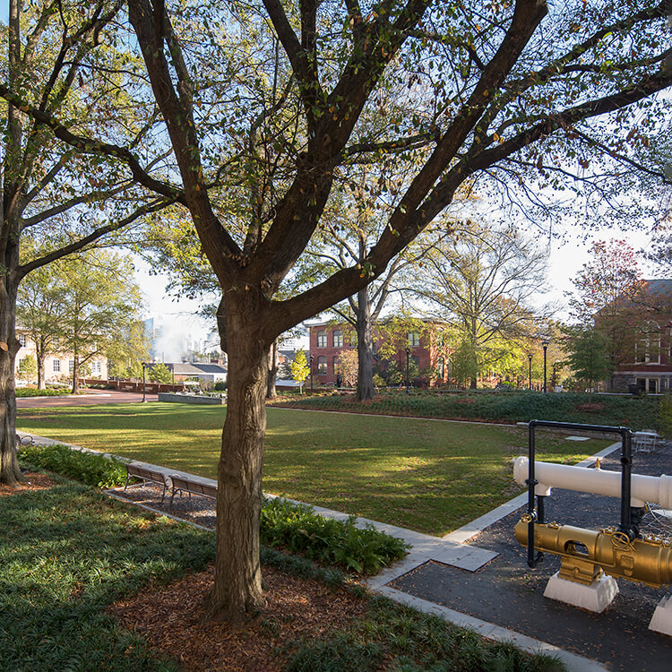 Looking northeast through the trees across the lawn of Harrison Square
