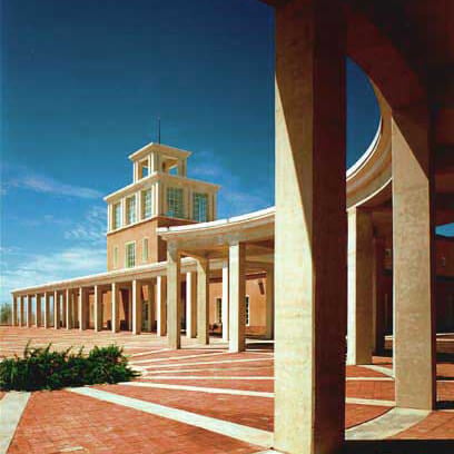 View through the courtyard of Capital High School in Santa Fe