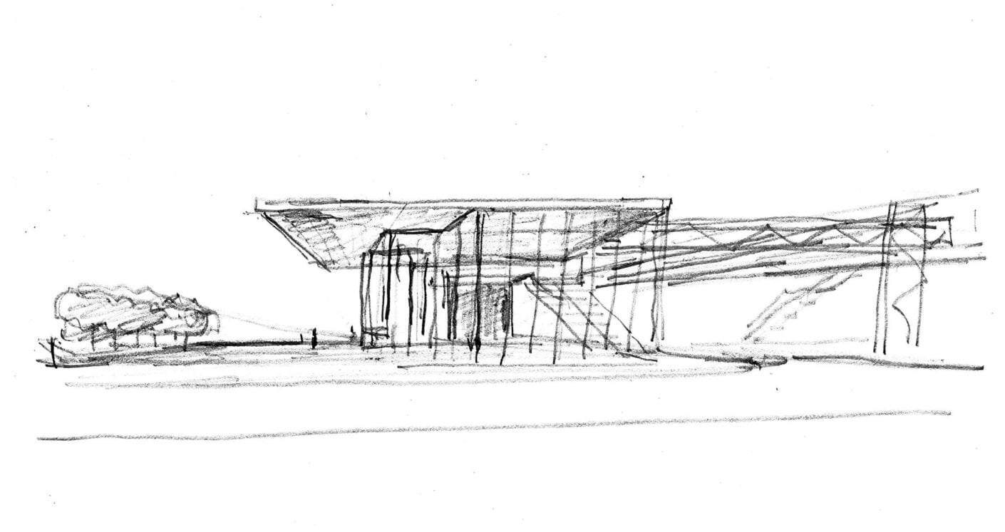 Black and white ink sketch, Damen Green Line CTA Station