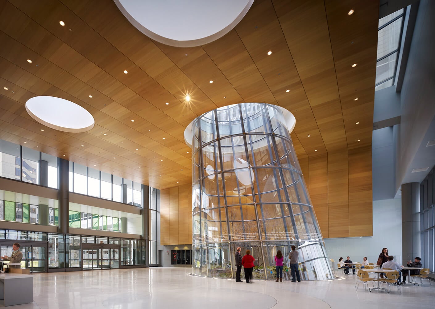 Color photograph of grand, luminous interior of Rush University Medical Center