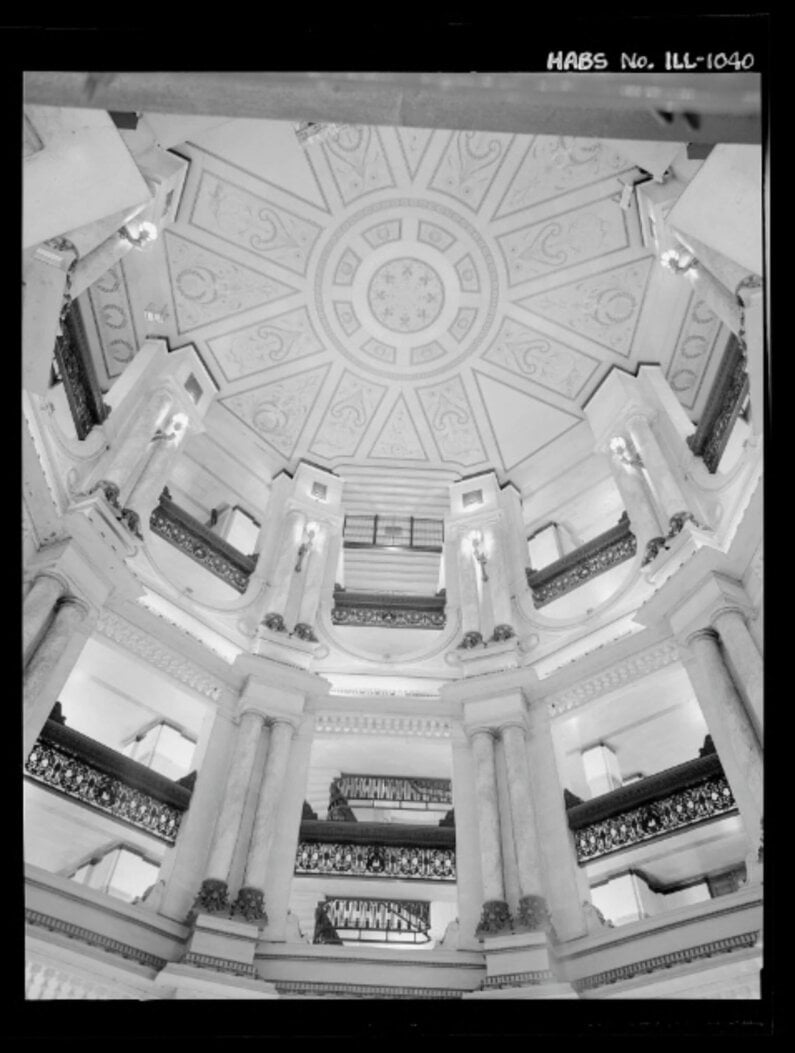 Black and white photograph of the dome interior of the old Chicago post office