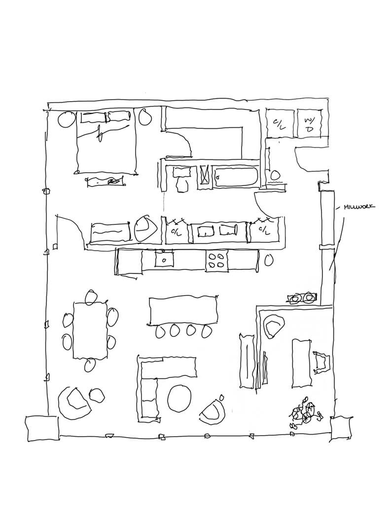 Sketch of an open-concept floor plan with kitchen, living room, and dining areas.