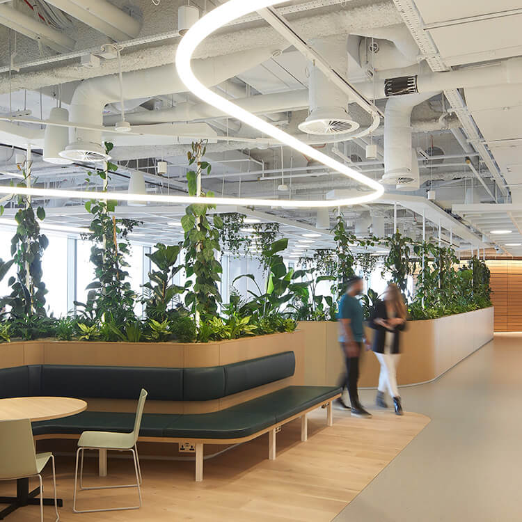 Light fixtures pick up the winding river form, as seen here on level 24, where community and human connection are fostered over food at the restaurant and café.