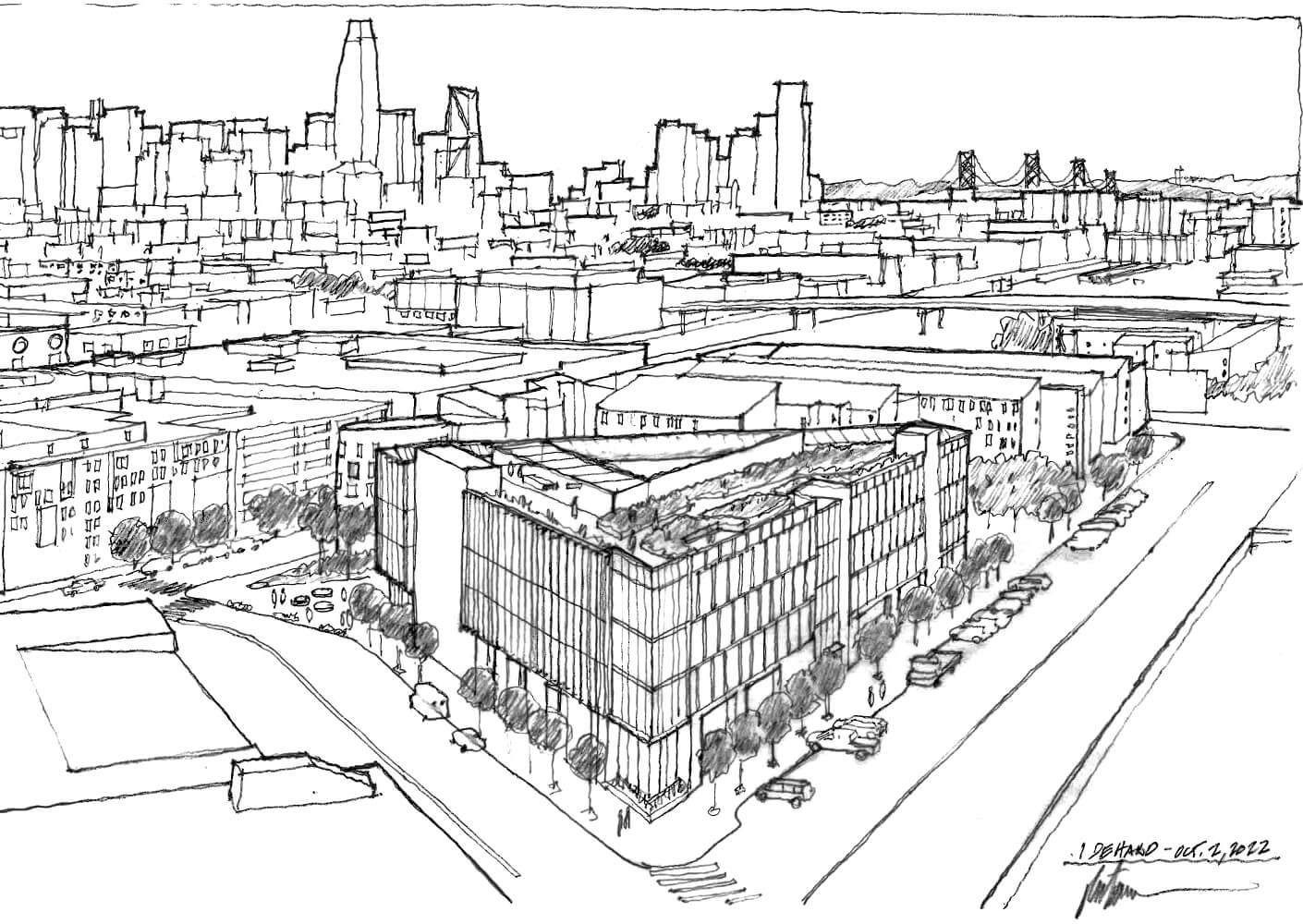 Pfau b&w line drawing of 1 De Haro aerial view north toward skyline