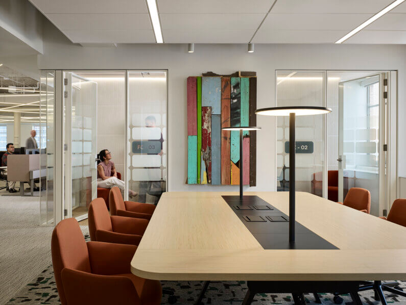 A meeting space with a large table.