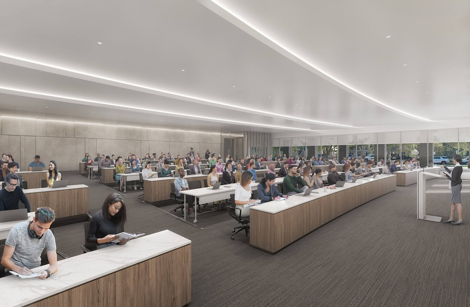 A rendering of a large auditorium of students listening to a lecture and sitting at long rows of desks under room-length stripes of light.