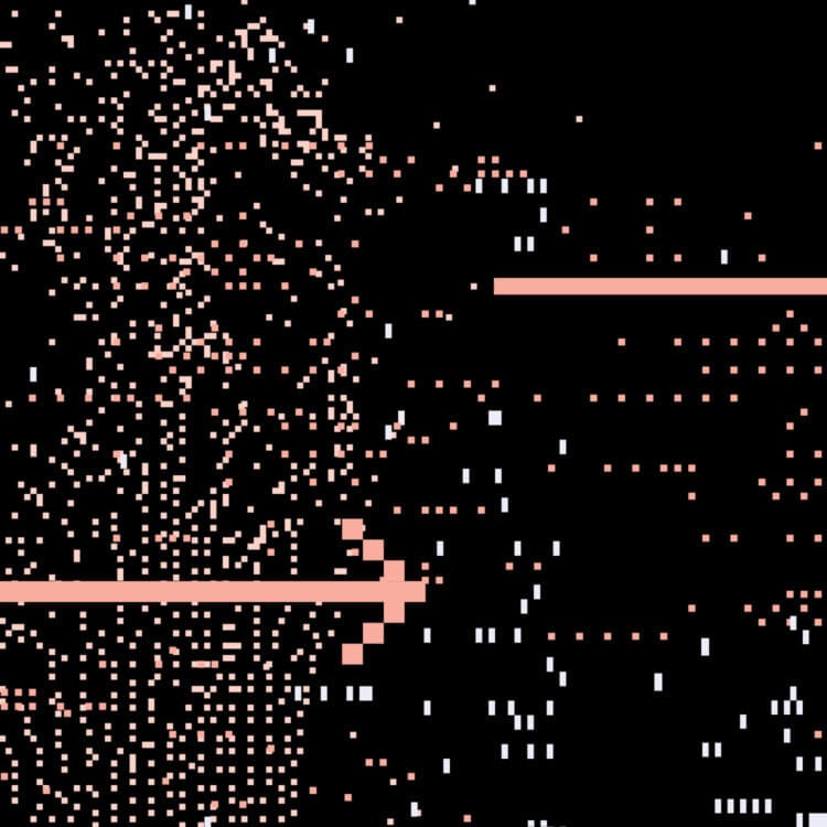 Abstract pixel art with scattered pink and white squares on a black background.