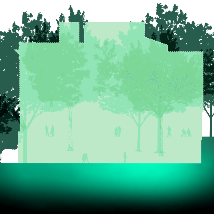 Illustration of trees and people silhouetted against building backdrop.