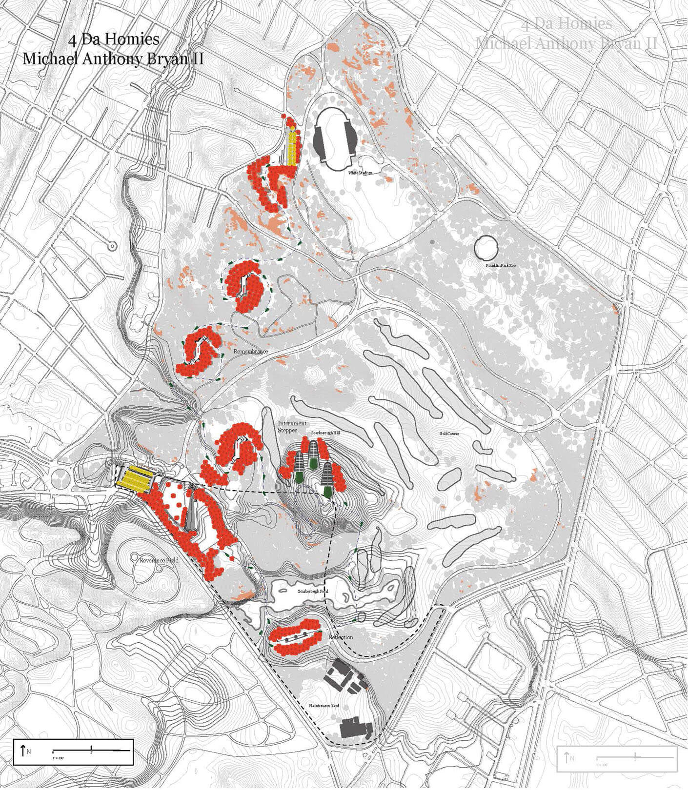 a diagram of franklin park with an annotated trail