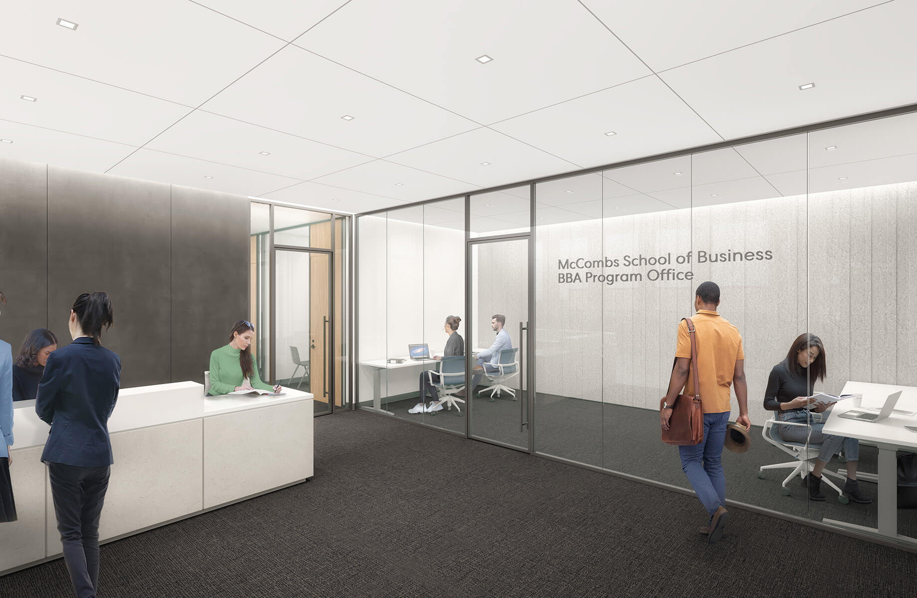 A rendering of a bright white and grey reception area lined with floor to ceiling glass and a view of a wall-mounted McCombs School of Business BBA Program Office sign