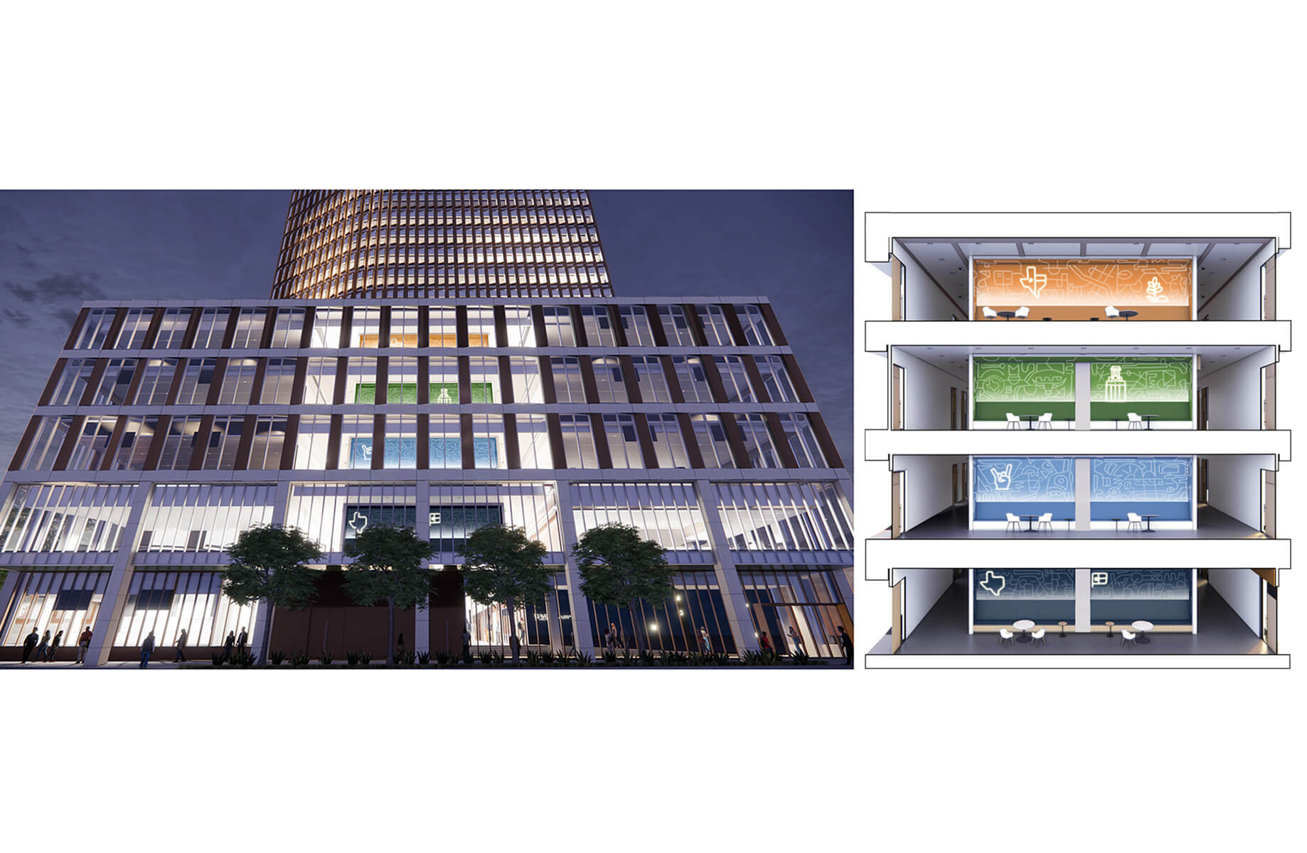 A side by side of the rendered building exterior with visible color-coded floors, and a diagram showing the colors and graphics in more detail, featuring illustrations of UT-related symbols