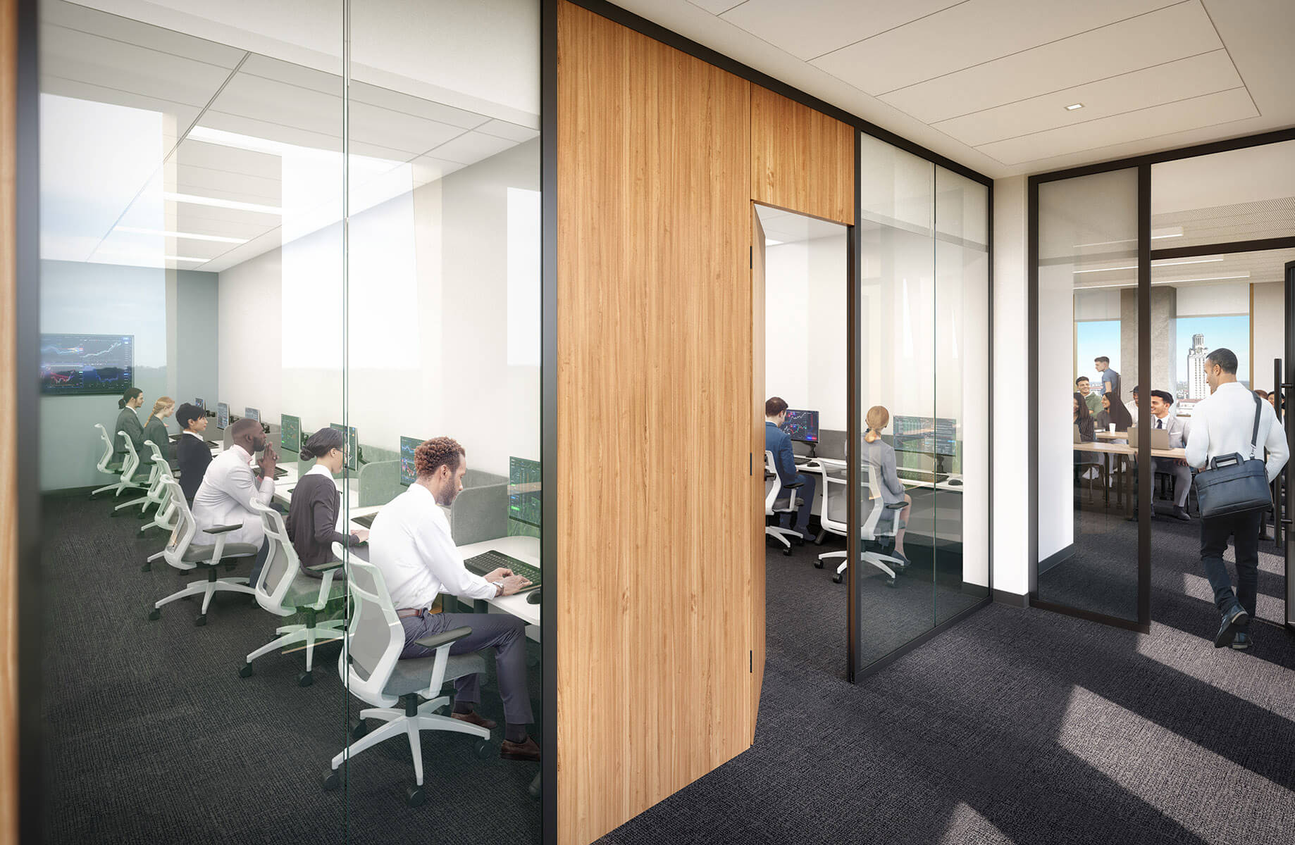 A rendering of floor to ceiling glass and warm wood lining the interior walls of this workspace