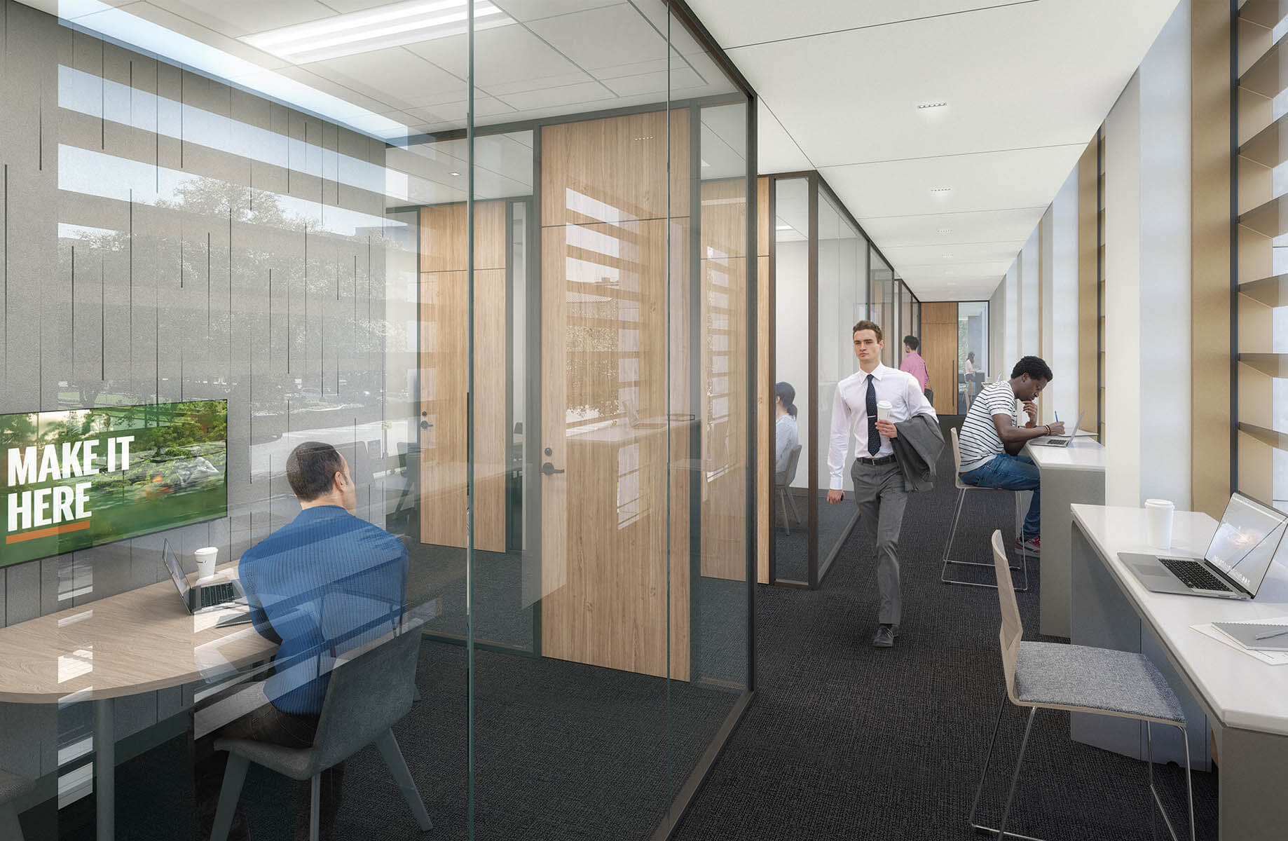 A rendering of a private office- and workspace-lined hallway with floor-to-ceiling glass