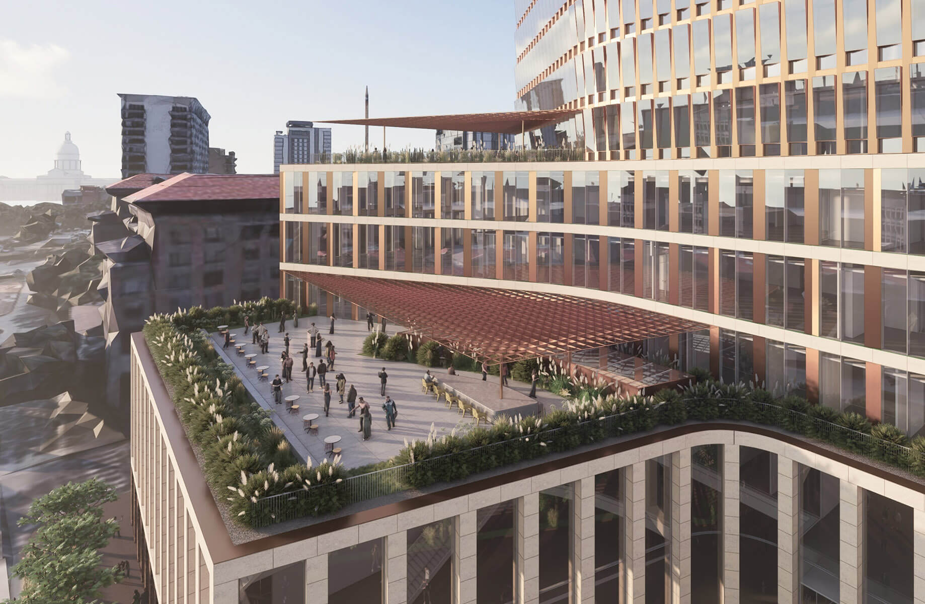 A rendering of the building's exterior and students using a terrace with views to the Texas Capitol building