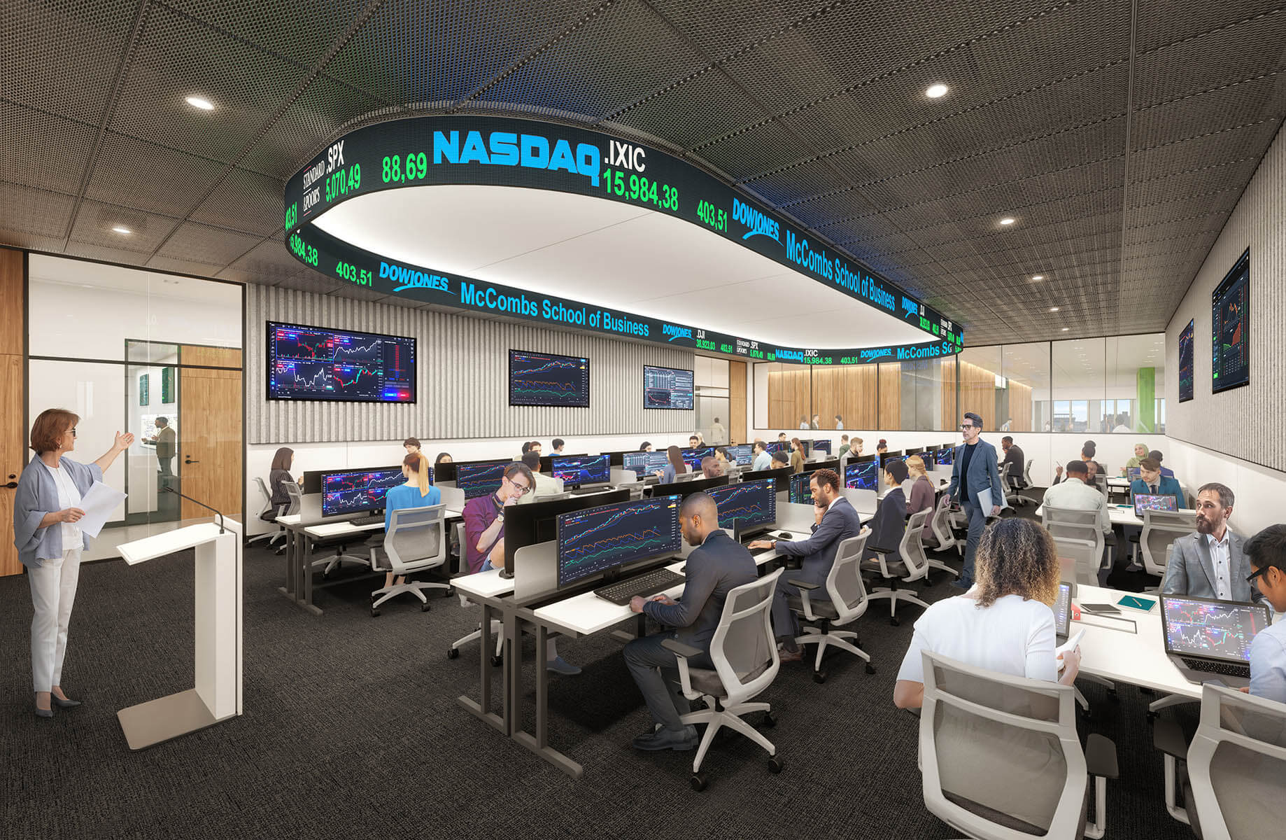 A rendering of a large classroom with multiple screens on the walls displaying market and stock metrics, as well as a looping digital display suspended from the ceiling