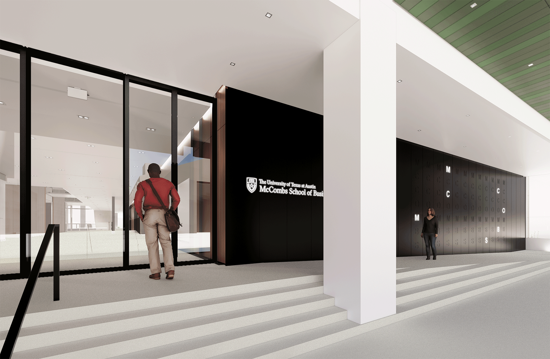 A rendered gif of students entering the building next to a digital array of letters that spell McCombs