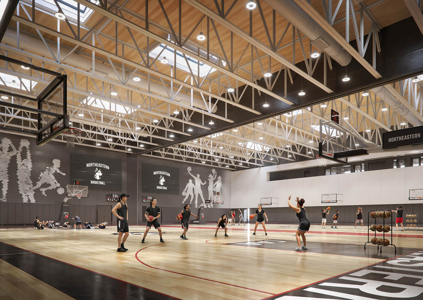 A basketball training facility featuring players, courts, and equipment, with high ceilings and dynamic lighting elements.