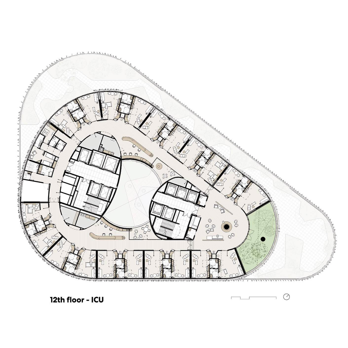 Floor plan of the 12th floor ICU, illustrating room layout and design.