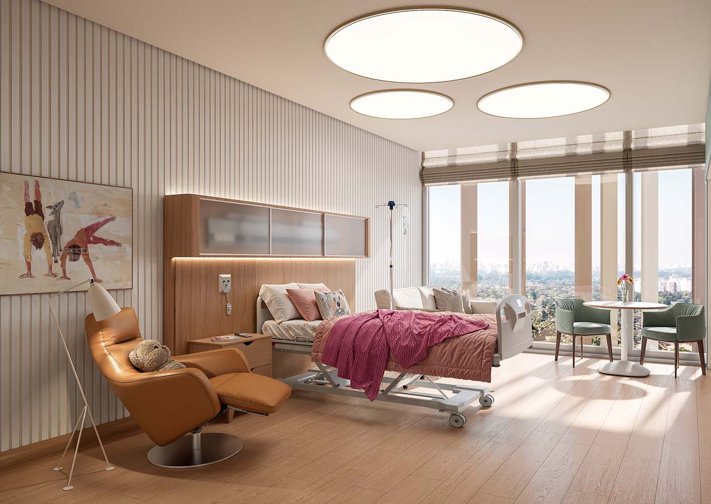 Modern hospital room with scenic view, cozy bed, recliner, and table setting for comfort and relaxation.