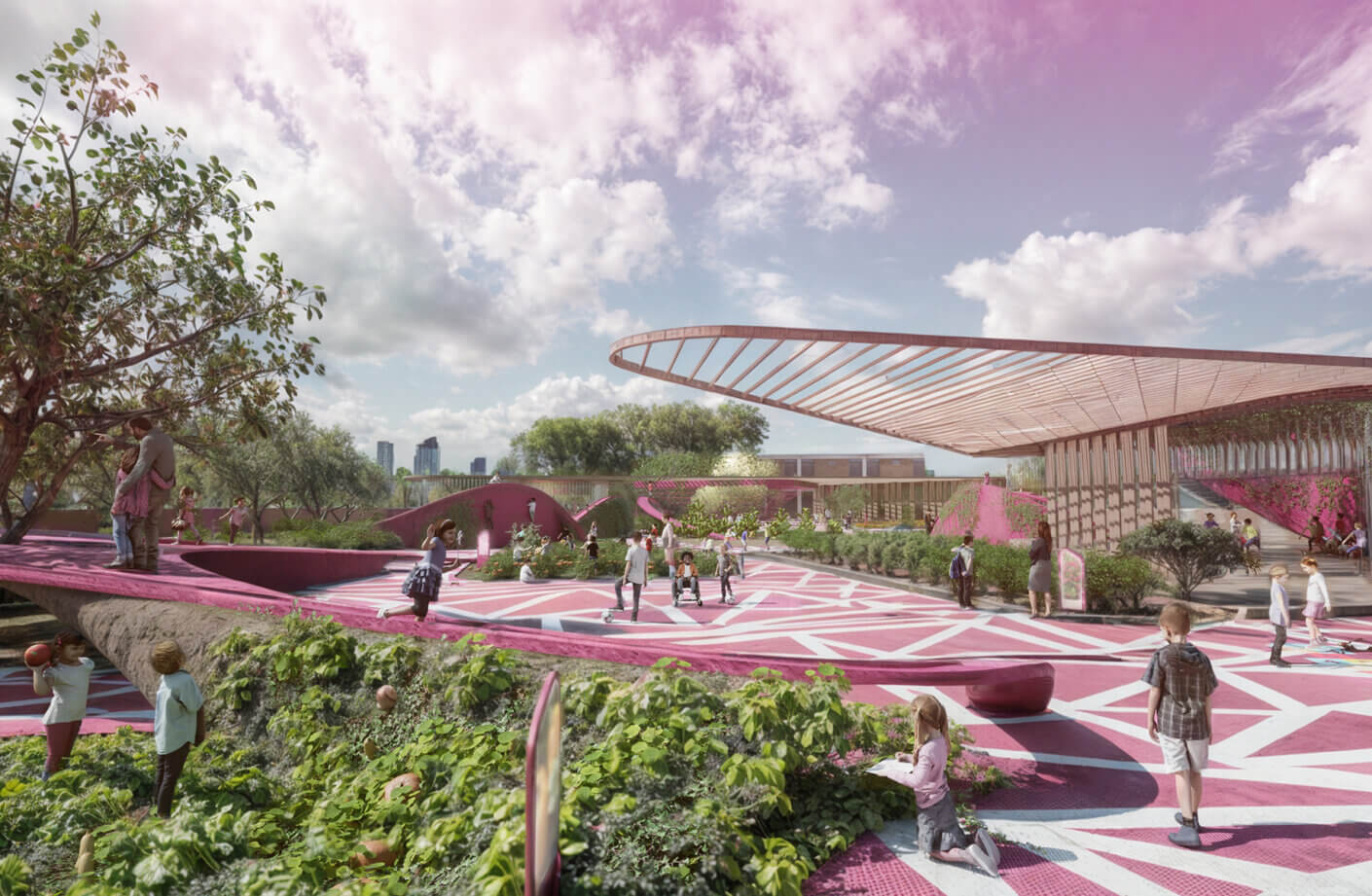 an exterior render of a playground