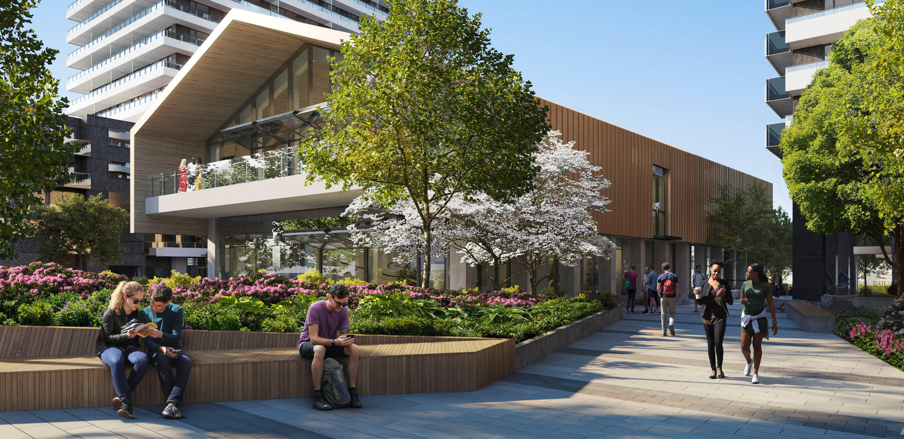 Modern urban park with people relaxing and walking, surrounded by greenery and buildings.