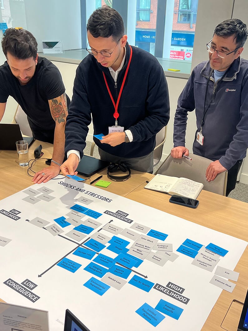Team collaborating over project map in a meeting room.